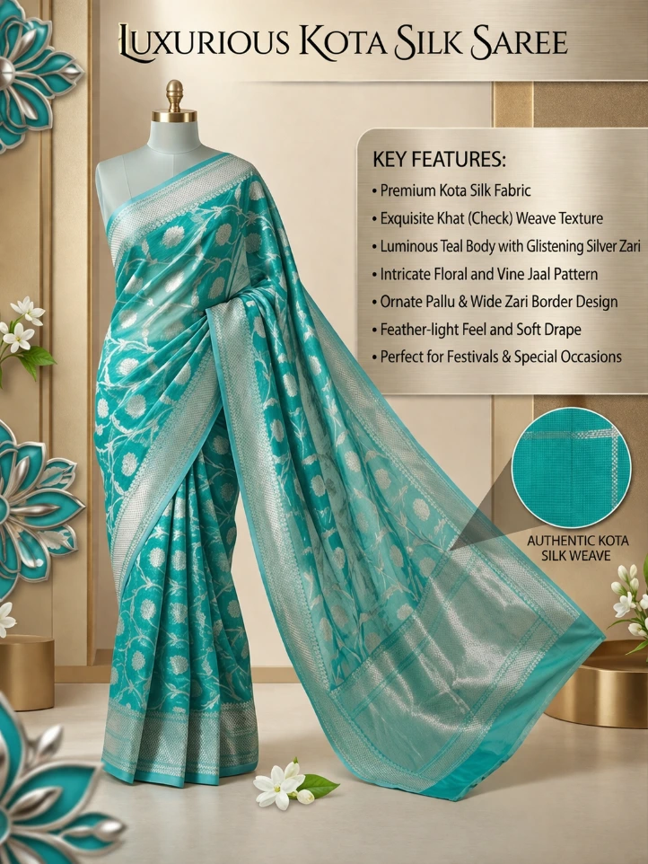Banarasi Kota Silk Saree with Silver Zari & Floral Jaal Design