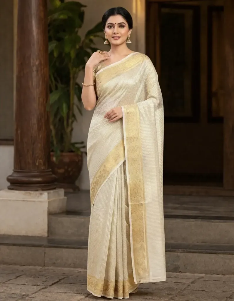 Elegant Banarasi Tissue Silk Saree with Golden Zari Border